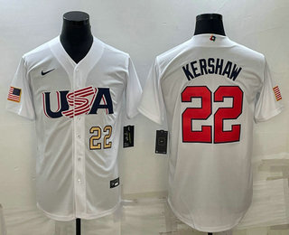 Mens USA Baseball #22 Clayton Kershaw Number 2023 White World Baseball Classic Stitched Jerseys